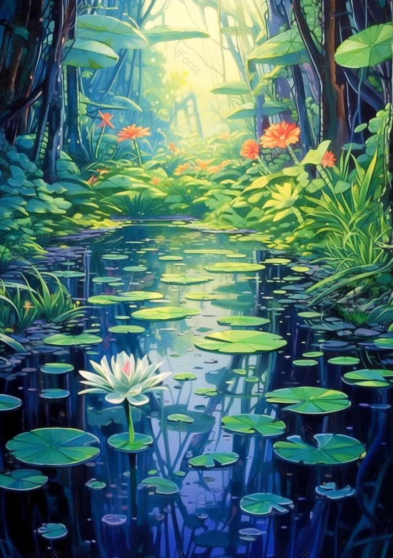深林湖边荷叶连连绿色唯美插画背景,插画/手绘图,插画/手绘图库,插画/手绘图下载,插画/手绘